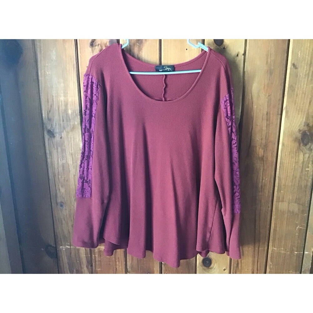 Suzanne Betro Top Womens 2X Burgundy Lace Long Sleeve Blouse Waffle Knit